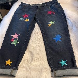 Woman’s custom Machine embroidered jeans with bright colorful stars!